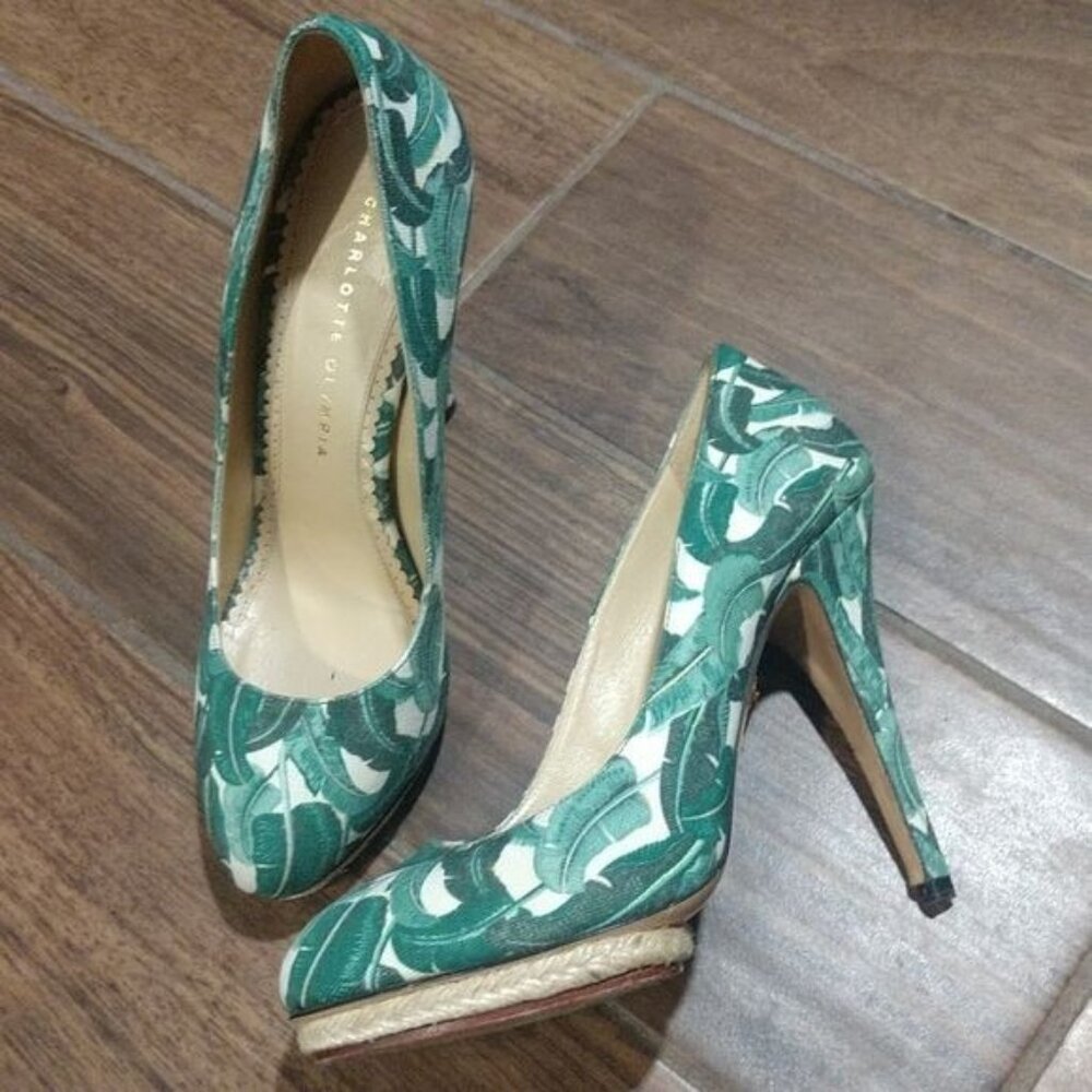 Charlotte Olympia 39 tropical green leaves heels fabric espadrille